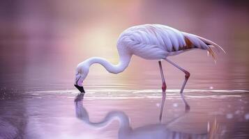 Flamingo Feeding in Shallow Pink Lake with Beautiful Reflections photo