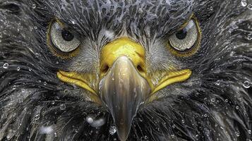 Close-Up Portrait of a Bald Eagle Head with Water Droplets photo