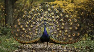 Peacock Displaying Its Elaborate and Colorful Tail Feathers in Nature photo