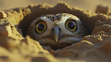 Burrowing Owl Peering from Nesting Hole in Sandy Ground photo