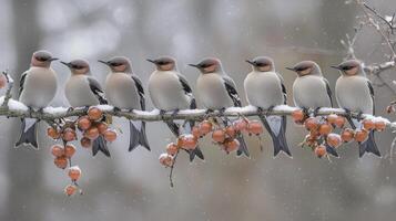 Cedar Waxwings Perched on Berry-Laden Branch in Winter Snow photo