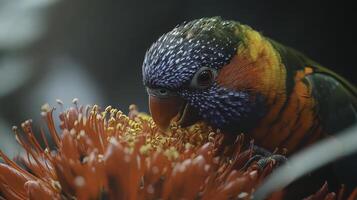 Stunning Rainbow Lorikeet Feeding on Bright Red Flower Blossom photo