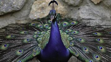 Peacock Displaying Its Elaborate and Colorful Tail Feathers photo