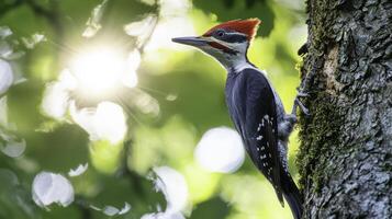 Pileated Woodpecker Perched on Mossy Tree in Natural Light photo