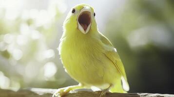 Bright Yellow Canary Singing with Open Beak in Natural Setting photo