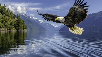Bald Eagle Soaring Over Pristine Alpine Lake in Mountain Landscape photo