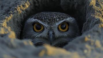 Burrowing Owl at Entrance of Nest with Stunning Orange Eyes photo