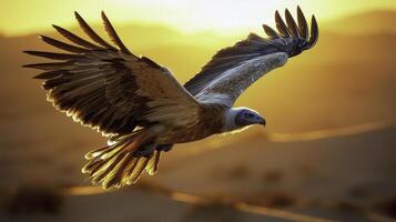 Dramatic Vulture Soaring High Above Desert at Sunset photo