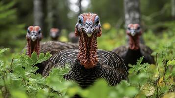 Wild Turkeys Foraging in a Sunlit Forest Setting photo