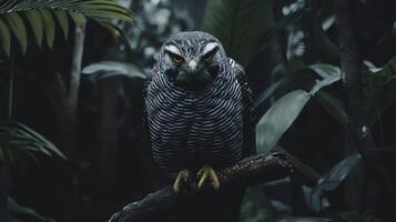 Goshawk Perched on Branch in Shadowy Forest Environment photo