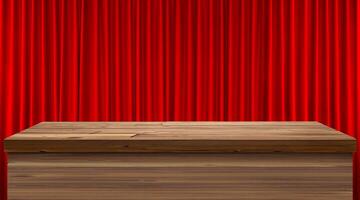 An empty wooden table with a red curtain as a background. photo