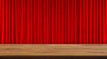 A simple and beautiful wooden table stands out against a red curtain background. photo