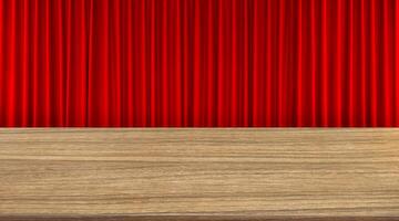 Wooden table front view with red curtains as background. photo