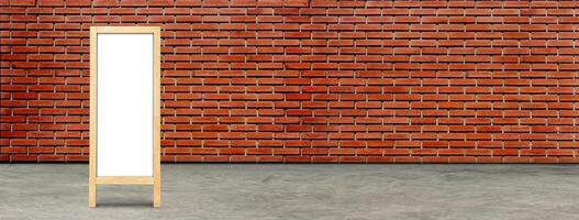 Whiteboard, blank board with space for text, red brick wall background. photo