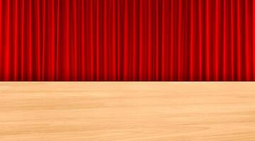 A clean wooden table with a red curtain as a background. photo