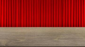 Front view of empty wooden table with red curtain as background. photo