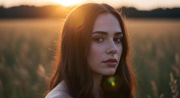Contemplative woman basks in the soft glow of setting sun - Generated using AI photo