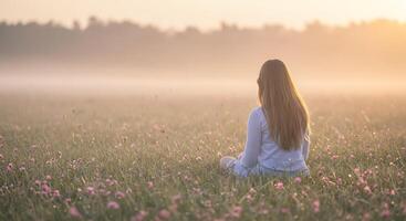 Girl sitting in a hazy field at dawn, surrounded by wildflowers - Generated using AI photo