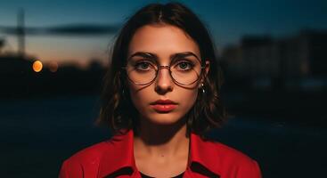 Portrait of a woman with glasses against a twilight backdrop - Generated using AI photo