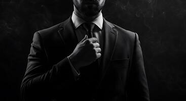 Monochrome image of a suited man adjusting his tie against dark backdrop - Generated using AI photo