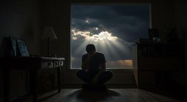 Contemplative figure indoors gazing at sunbeams breaking through dark clouds - Generated using AI photo