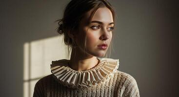 Serene portrait of a woman with ruffled collar in soft light - Generated using AI photo