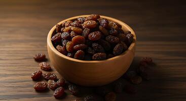 A rustic bowl brimming with plump raisins on a textured wooden surface - Generated using AI photo