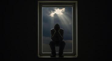 Silhouette of despair in a window frame against a dramatic sky - Generated using AI photo