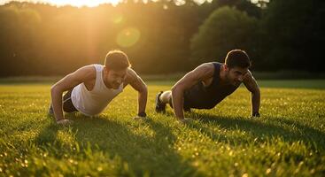 Dynamic duo engaged in push-ups in sunlit field - Generated using AI photo