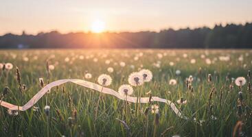 Dandelion field at sunrise with a ribbon flowing through - Generated using AI photo
