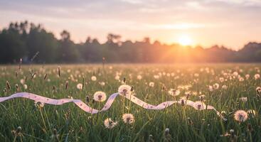 Serene dandelion field with a whimsical ribbon at sunrise - Generated using AI photo