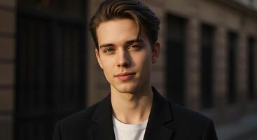 Portrait of a Thoughtful Young Man in Dark Jacket Against Urban Backdrop - Generated using AI photo