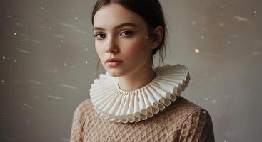 Elegant woman with a ruffled collar in a classic pose - Generated using AI photo