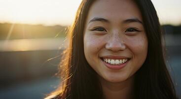 A portrait of a smiling young woman with freckles at golden hour - Generated using AI photo