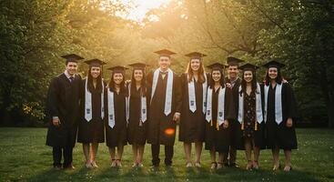 Group of joyful graduates in caps and gowns illuminated by golden light - Generated using AI photo