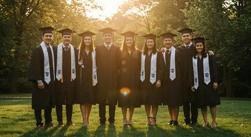Group of Graduates Posing in Caps and Gowns on Campus - Generated using AI photo