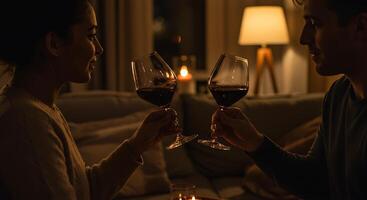 Intimate evening - A couple cheers with red wine by candlelight - Generated using AI photo