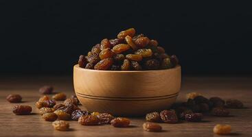 Rustic Raisins in Wooden Bowl on Dark Background - Generated using AI photo