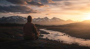 Tranquil Meditation by River at Sunset, Mountains in Background - Generated using AI photo