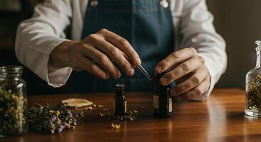 Herbalist preparing a natural remedy with dropper and essential oils - Generated using AI photo