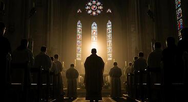 Monks gathered in a cathedral sanctuary during service - Generated using AI photo