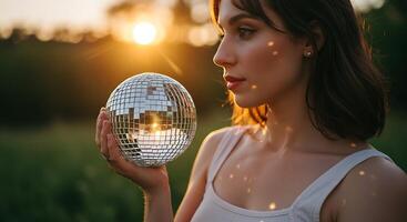 Woman gazes at disco ball in sunset lighting, creating nostalgic vibes - Generated using AI photo