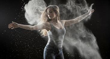 Woman in Flour Cloud - Abstract Expression of Freedom and Movement - Generated using AI photo