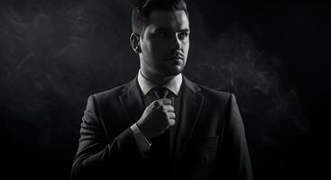 Monochrome Portrait of a Man Adjusting Tie with Dramatic Lighting - Generated using AI photo
