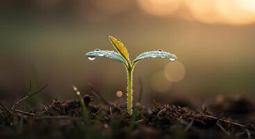 Delicate sprout laden with morning dew, capturing the essence of new beginnings - Generated using AI photo
