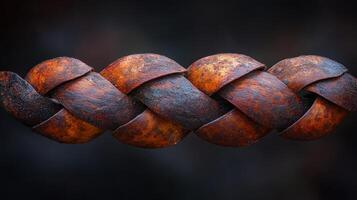 A close-up of a braided, rusted metal rope. photo