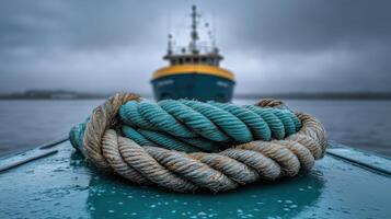 A close-up of a coiled rope with a boat in the background. photo