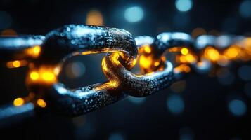 A closeup of a glowing metal chain link technology photo