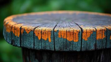 A close-up of a weathered wooden surface. photo