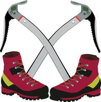 Two hiking boots with two axes on a white background vector